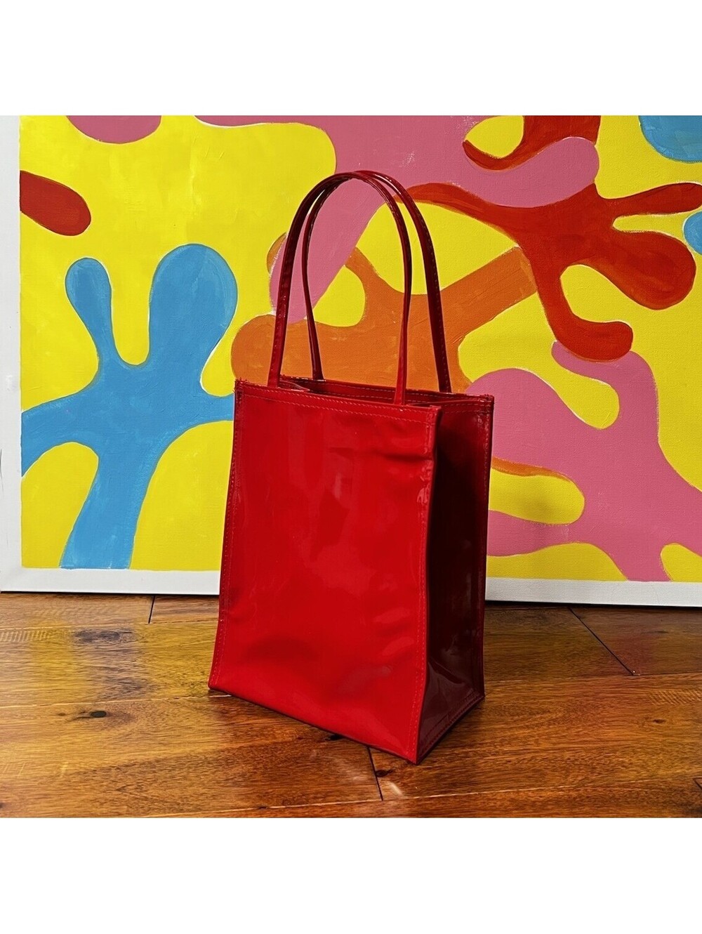 Vintage Red Patent Leather Vinyl Mini Tote Bag 90s Y2K Glossy Small Purse